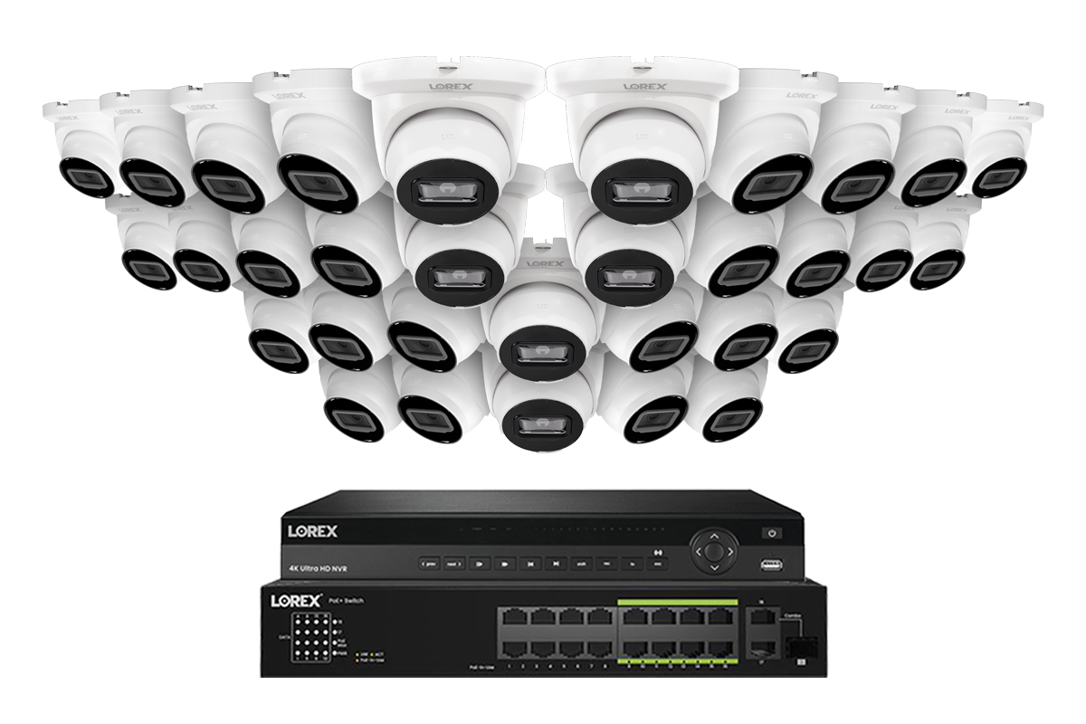 Lorex Pro Series 4K 32 Camera Capable 8TB Wired NVR System with 4MP (2K) A4 IP Turret Cameras - White 32