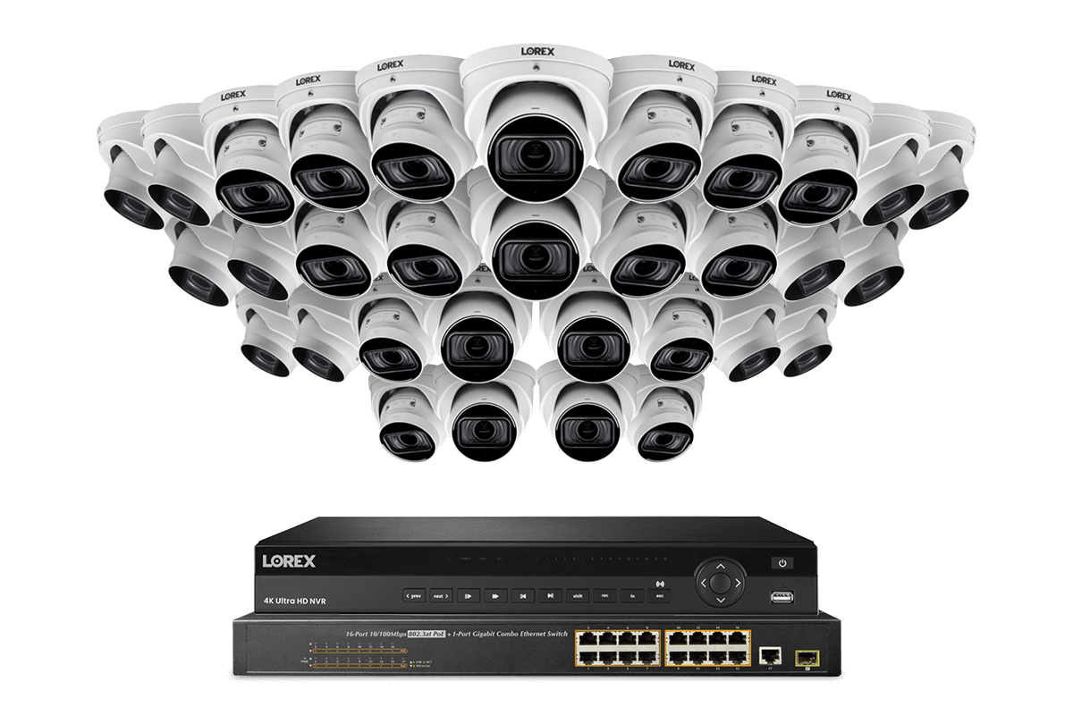 Lorex 4K (32 Camera Capable) 8TB Wired NVR System with Nocturnal 4 Smart IP Dome Cameras Featuring Motorized Varifocal Lens, Listen-In Audio and 30FPS Recording