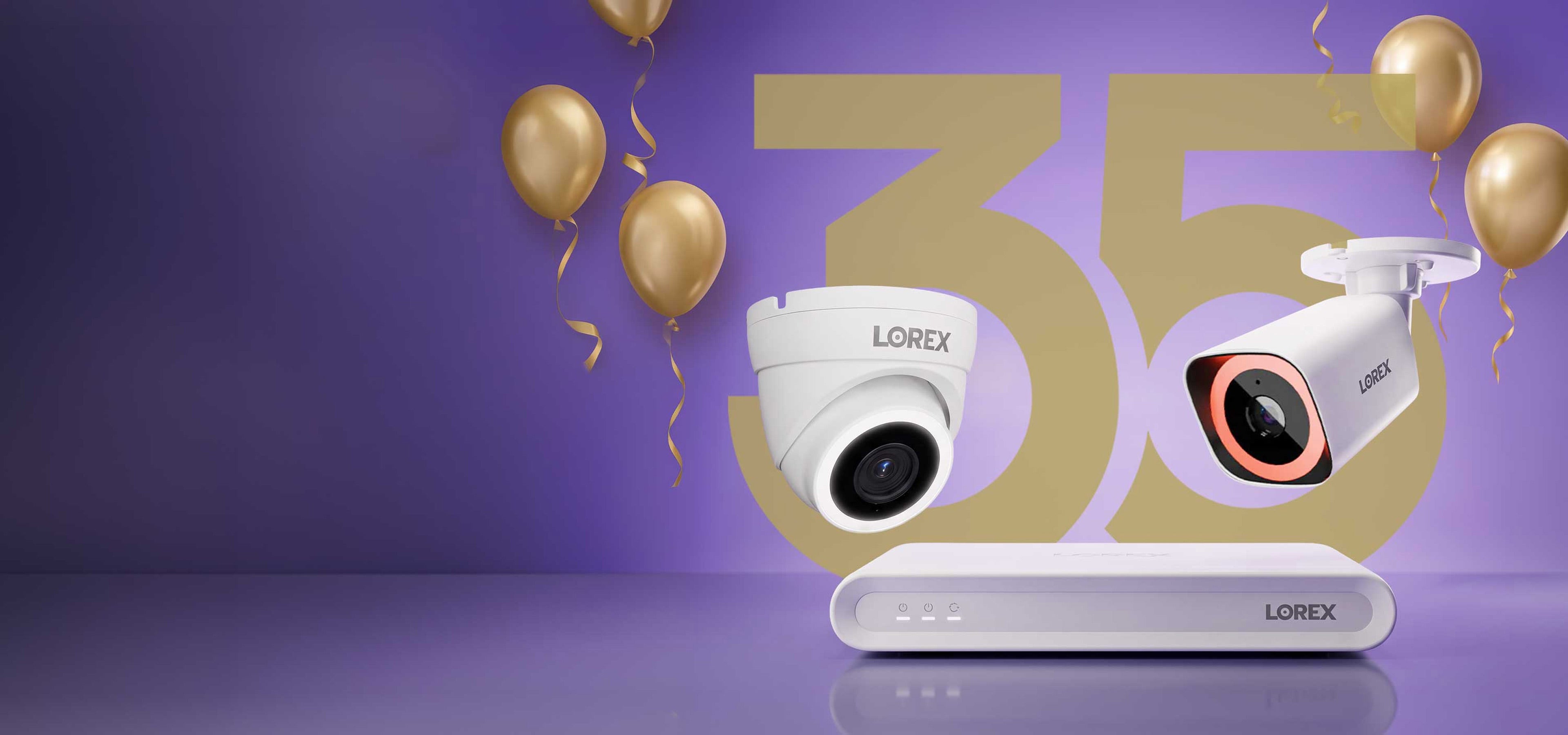Lorex PRO security cameras and recorder displayed with gold balloons and large 35 graphic celebrating Lorex’s 35th anniversary