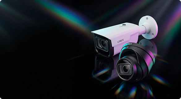 Lorex Nocturnal bullet and turret security cameras with advanced low-light performance and 4K video quality, featured in the More Coverage for Less security camera sale