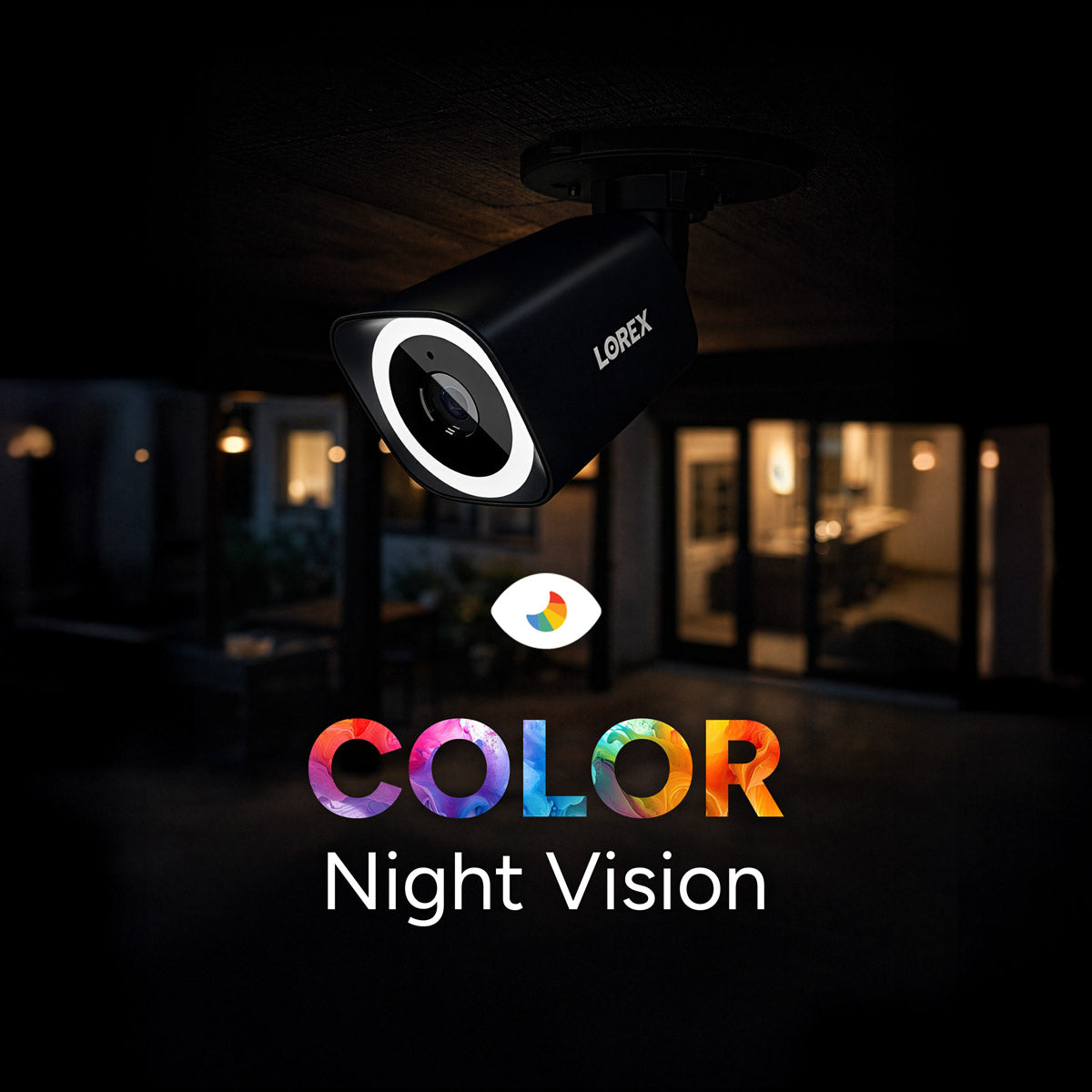 Lorex security camera with 'Color Night Vision' text in a dark setting