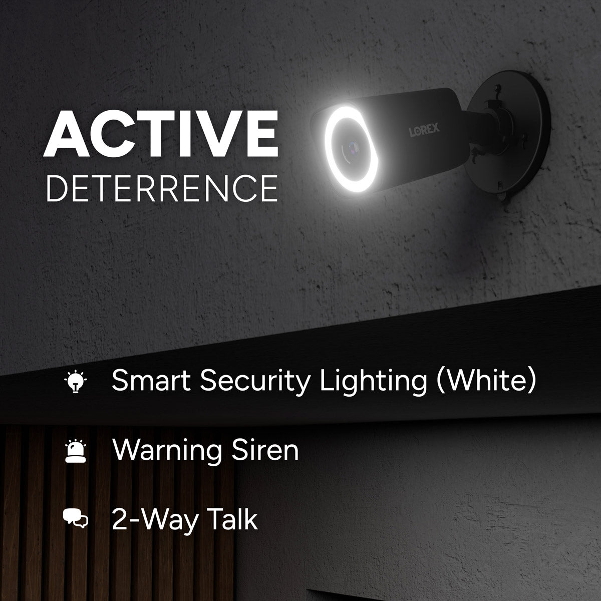 Security camera with 'Active Deterrence' text and features listed on a dark background