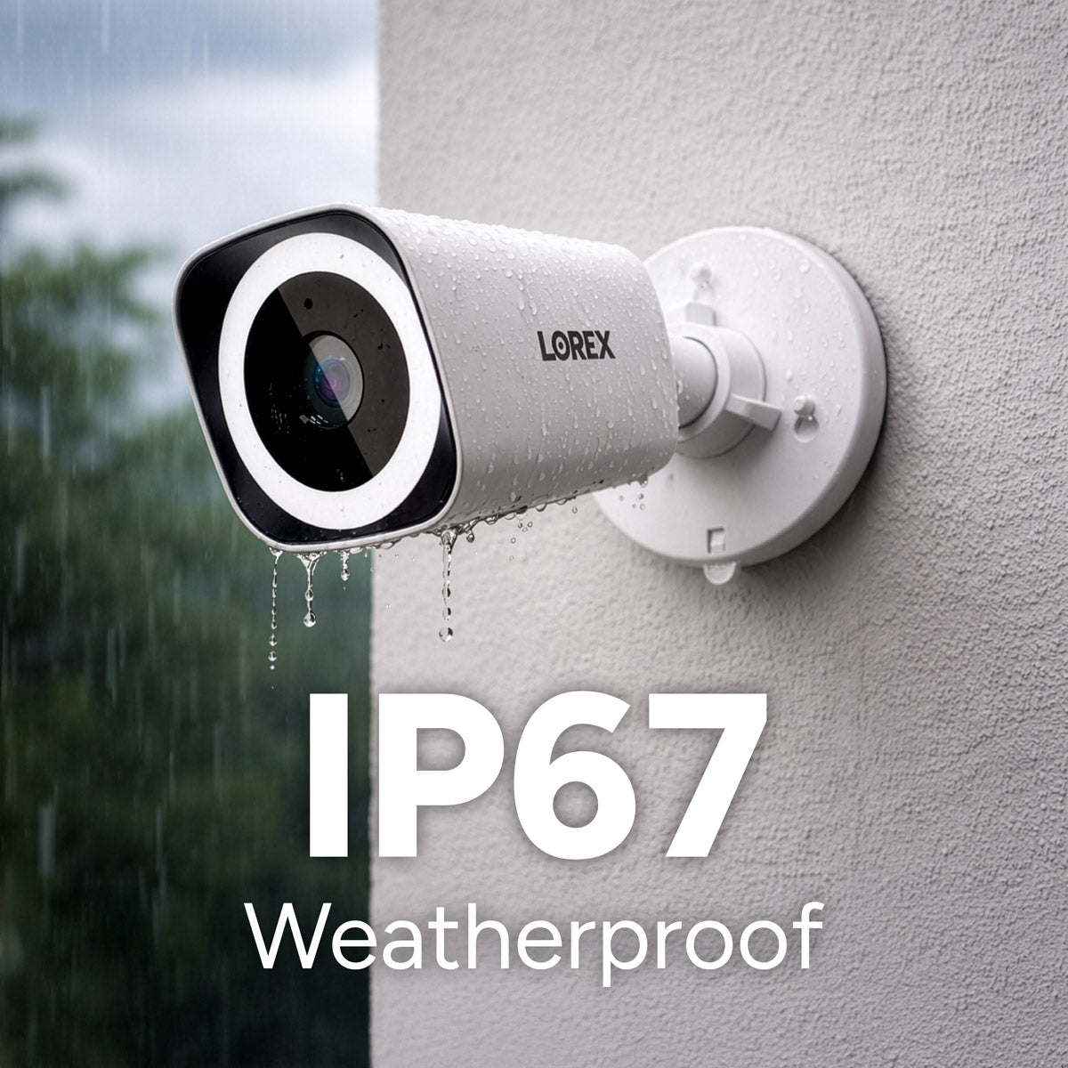 Weatherproof security camera on a wall with 'IP67 Weatherproof' text