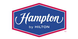 Hampton by Hilton logo with a blue hexagonal border