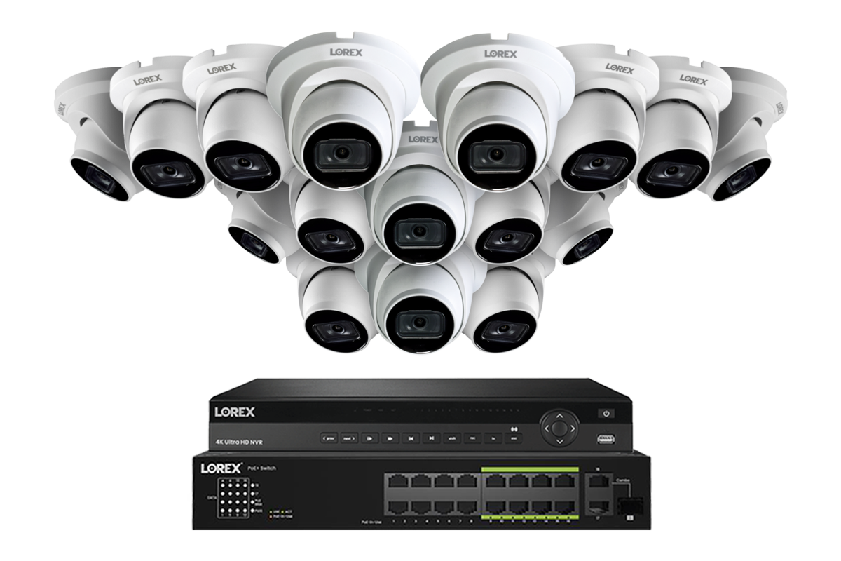 Lorex 4K (32 Camera Capable) 6TB Wired NVR System with 16 Nocturnal 3 Smart IP Turret Cameras Featuring Listen-In Audio and 30FPS Recording