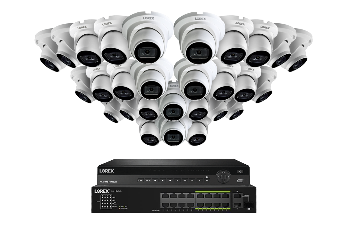 Lorex 4K (32 Camera Capable) 6TB Wired NVR System with 16 Nocturnal 3 Smart IP Turret Cameras Featuring Listen-In Audio and 30FPS Recording