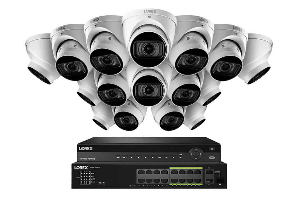 Système NVR câblé Lorex 4K (compatible 32 caméras) 6 To avec 3 caméras tourelles IP intelligentes Nocturnal 3 à objectif varifocal motorisé