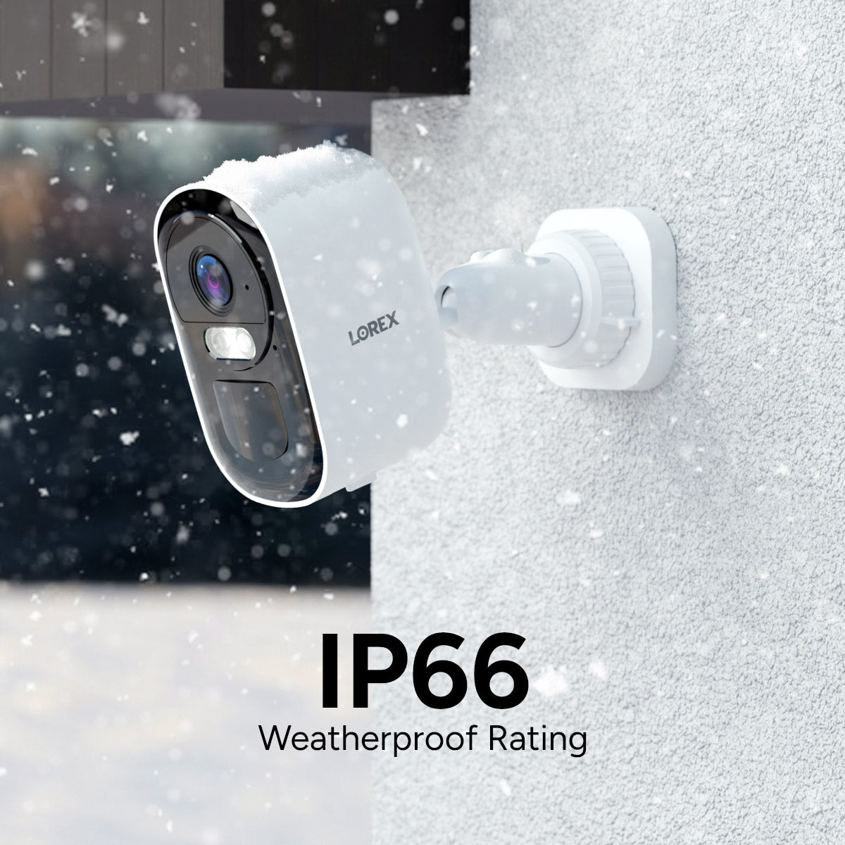 Weatherproof security camera with IP66 rating on a snowy background