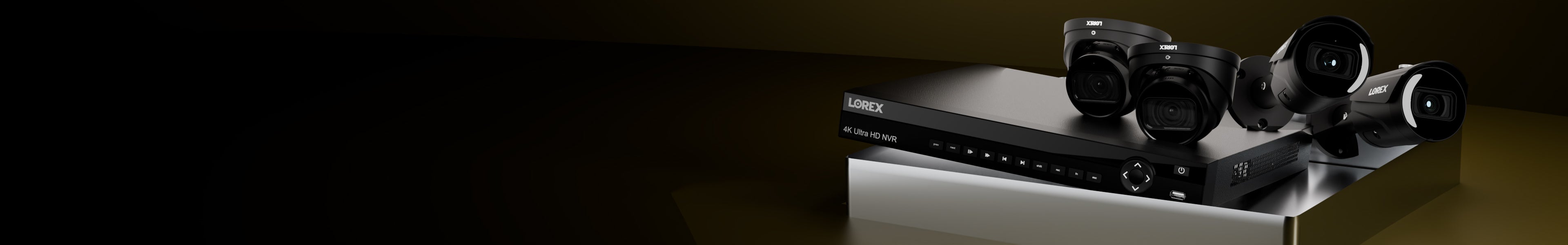 Lorex security camera system for business with 4K NVR and multiple dome and bullet cameras, designed for complete commercial surveillance solutions