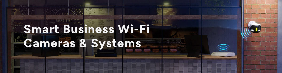 Lorex smart Wi-Fi dual-lens security camera monitoring the exterior of a small business and wirelessly connecting to an NVR.