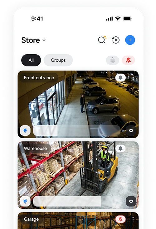 Lorex Connect app displaying live views from multiple security cameras across a business.