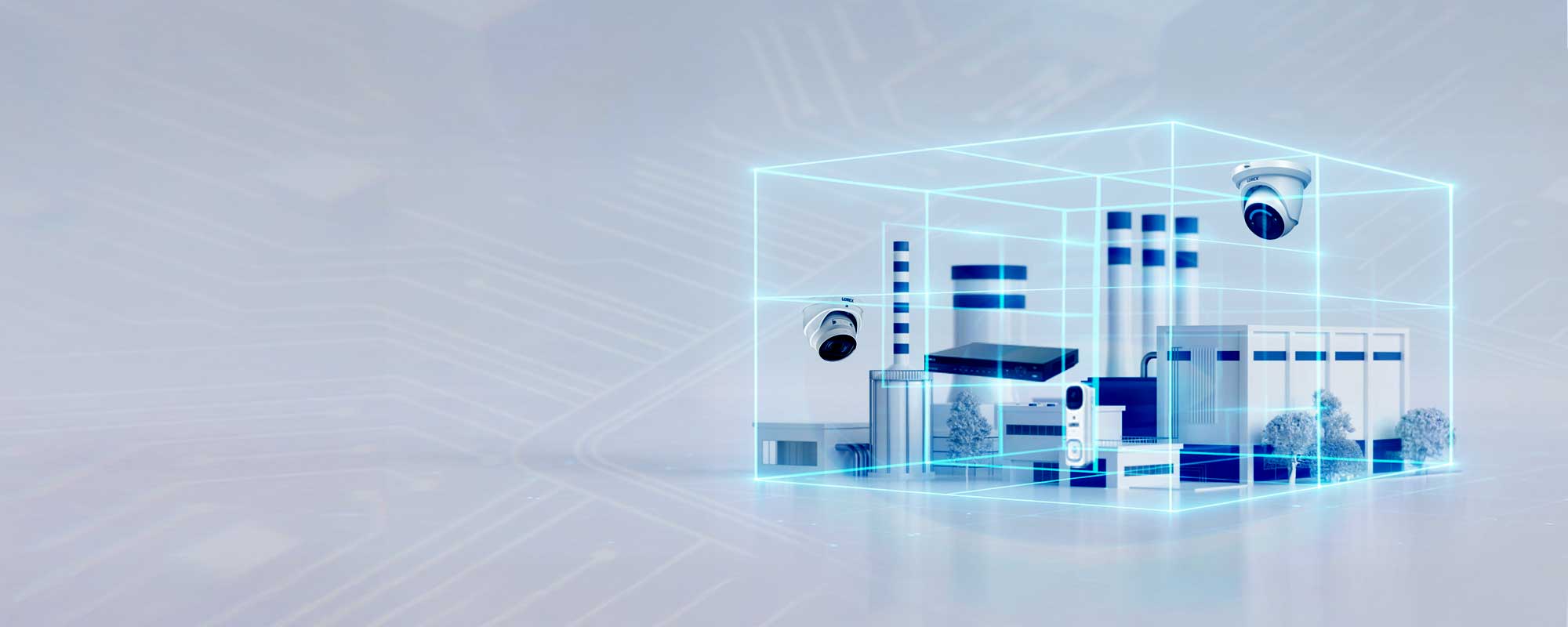 Digital illustration of a commercial building with Lorex cameras and equipment, representing the Build Your Own Security System tool for businesses and installers to create custom bundles.