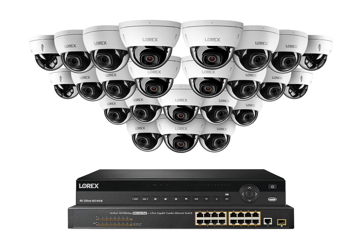 Lorex Pro  Series 4K 32 Camera Capable 8TB Wired NVR System with 8MP (4K) A10 IP Dome Cameras - White 24