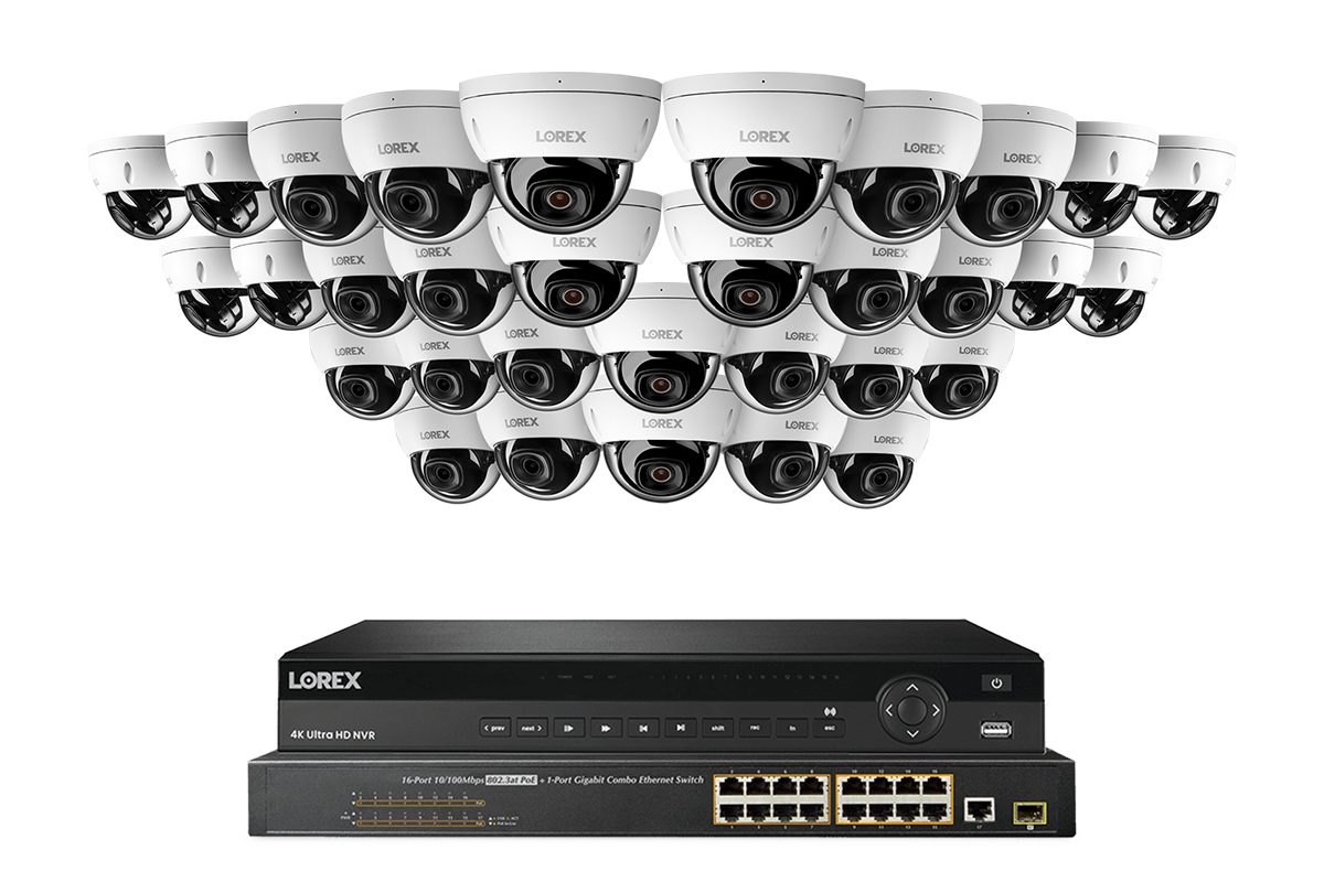 Lorex Pro  Series 4K 32 Camera Capable 8TB Wired NVR System with 8MP (4K) A10 IP Dome Cameras - White 32