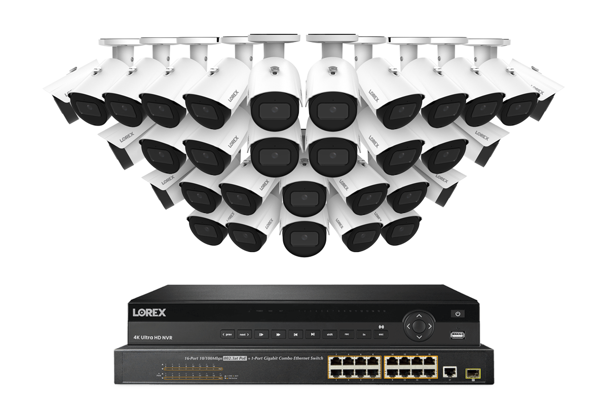 Lorex Pro Series 4K 32 Camera Capable 8TB Wired NVR System with 4MP (2K) A4 IP Bullet Cameras - White 32