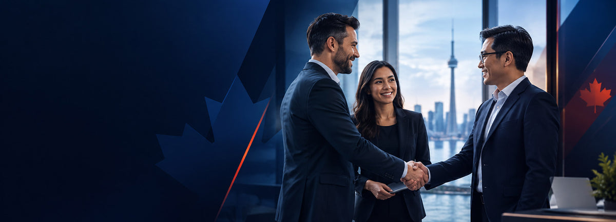 Business professionals shaking hands in Toronto, representing Lorex for Business in Canada.