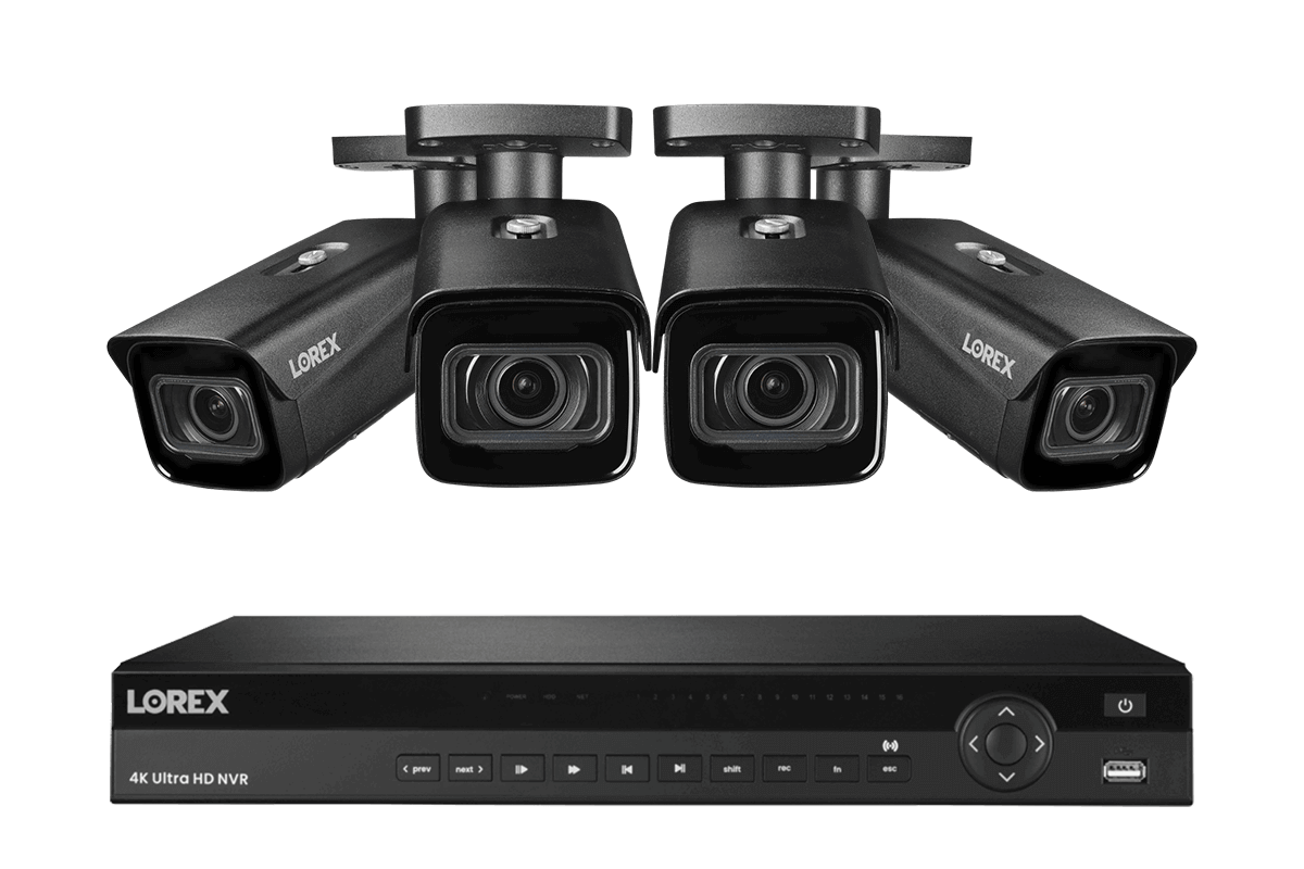 Lorex 4K (16 Camera Capable) 4TB Wired NVR System with Nocturnal 4 Smart IP Bullet Cameras Featuring Motorized Varifocal Lens, Vandal Resistant and 30FPS - Black 4