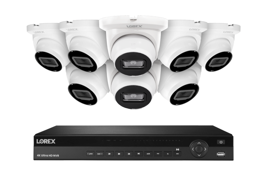 Lorex Fusion Series 4K 16 Camera Capable (Wired or Fusion Wi-Fi) 4TB Wired NVR System with 4MP (2K) A4 IP Turret Cameras- White 8