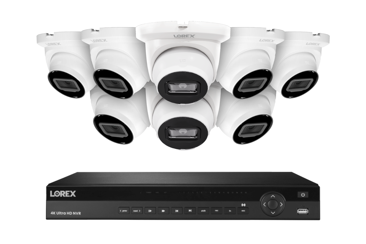 Lorex Fusion Series 4K 16 Camera Capable (Wired or Fusion Wi-Fi) 4TB Wired NVR System with 4MP (2K) A4 IP Turret Cameras- White 8