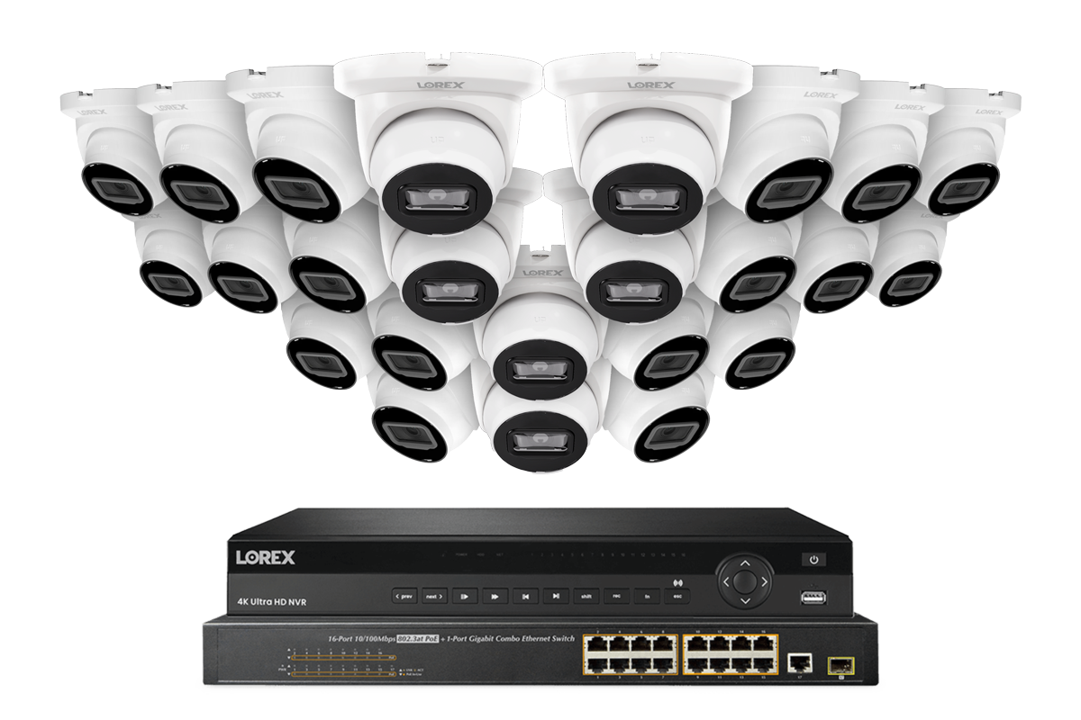 Lorex Pro Series 4K 32 Camera Capable 8TB Wired NVR System with 4MP (2K) A4 IP Turret Cameras - White 24