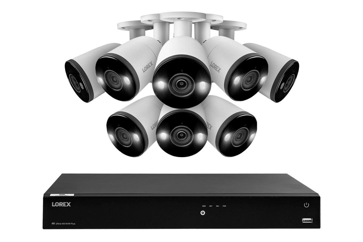 Lorex Fusion 4K (16 Camera Capable) 4TB Wired NVR System with 8 Bullet Cameras Featuring Smart Deterrence and Two-Way Talk