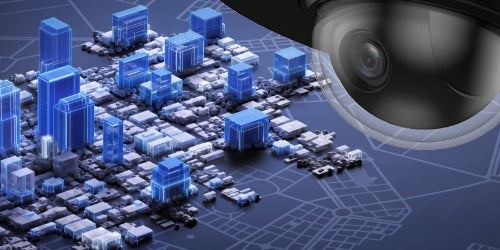 A security camera lens overlooks a digital cityscape, representing Lorex for Business security solutions for auto dealerships, construction sites, hotels, and offices.