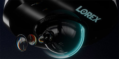 A close-up of a Lorex security camera showcases its advanced lens system with a futuristic design. The image highlights precision optics and innovation, representing new arrivals in Lorex for Business security solutions.