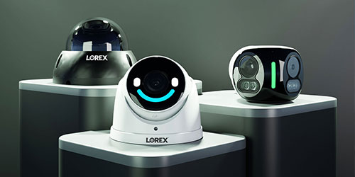 Three Lorex security cameras are displayed on sleek podiums, highlighting top-selling models for Lorex for Business. The lineup includes a dome camera, a turret camera with smart security lighting and a compact dual-lens camera.