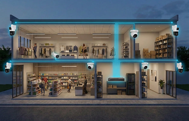 Lorex X Series security cameras and NVR supporting a scalable retail store surveillance system.