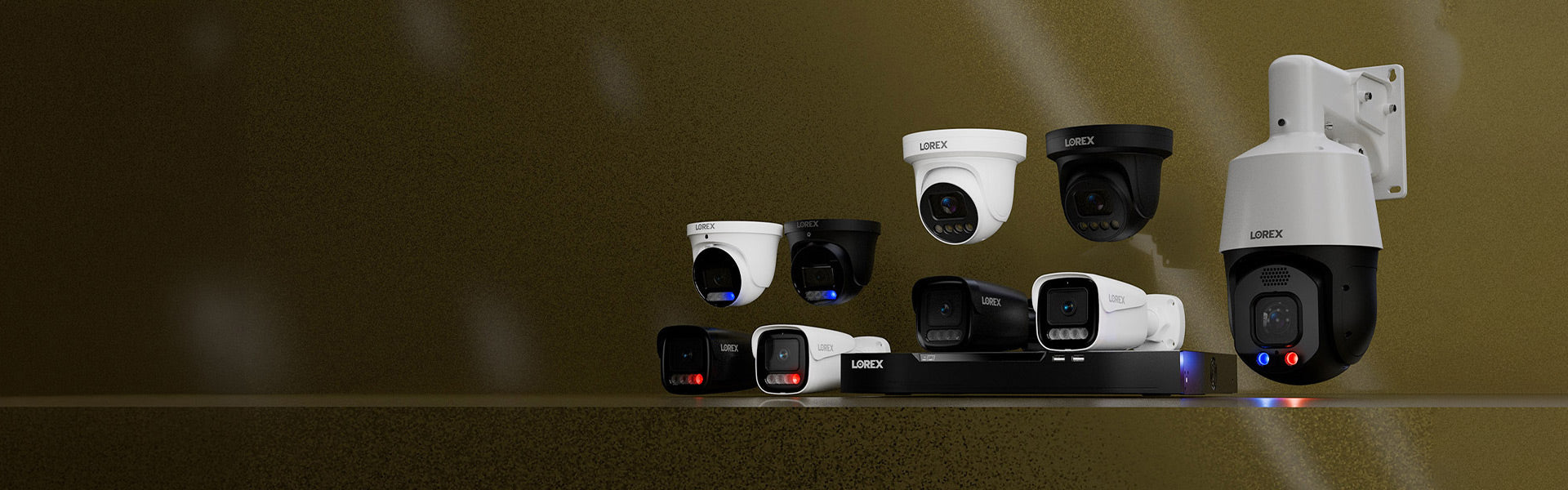 Lorex X Series security cameras and recorder displayed on a gold background for a monthly review raffle promotion