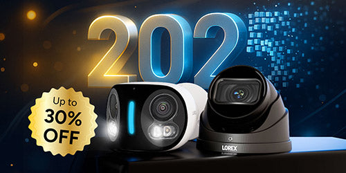Lorex Year-End Sale banner featuring smart security cameras and doorbell with 2025 graphic background.